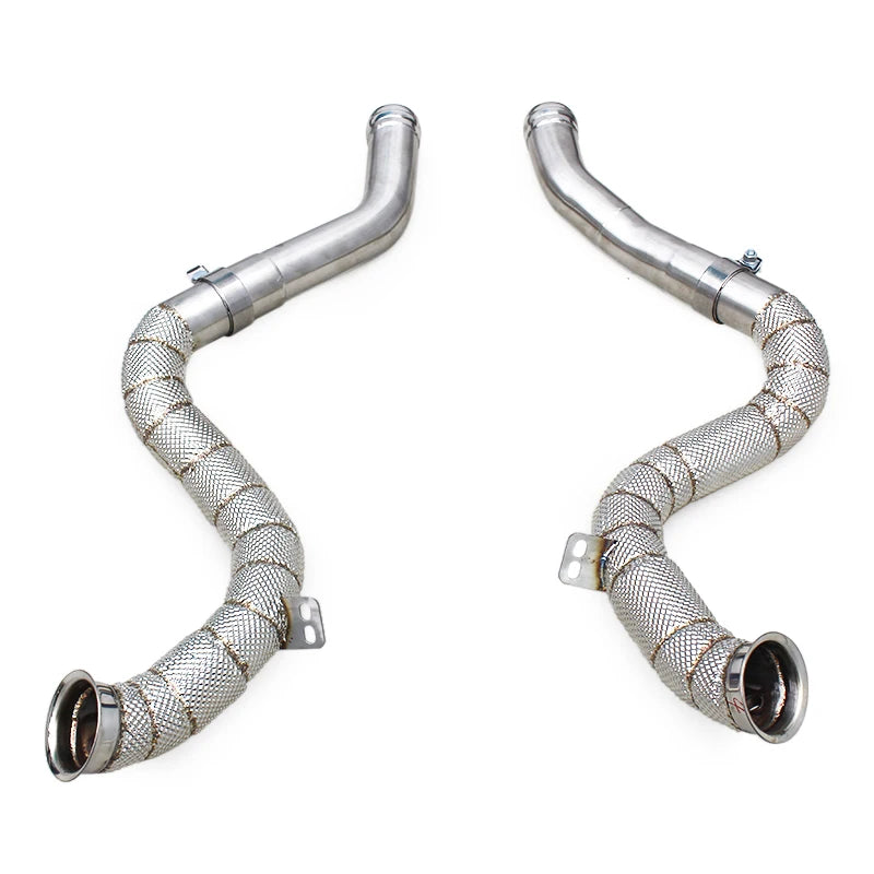 Pair of downpipes without catalytic converters for cars with OPF, with woven heat shield wrap – Mercedes-AMG C63 W205