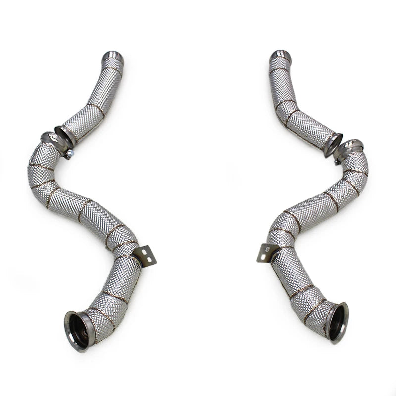 Pair of downpipes without catalytic converters, fully wrapped in heat shield – Mercedes-AMG C63 W205