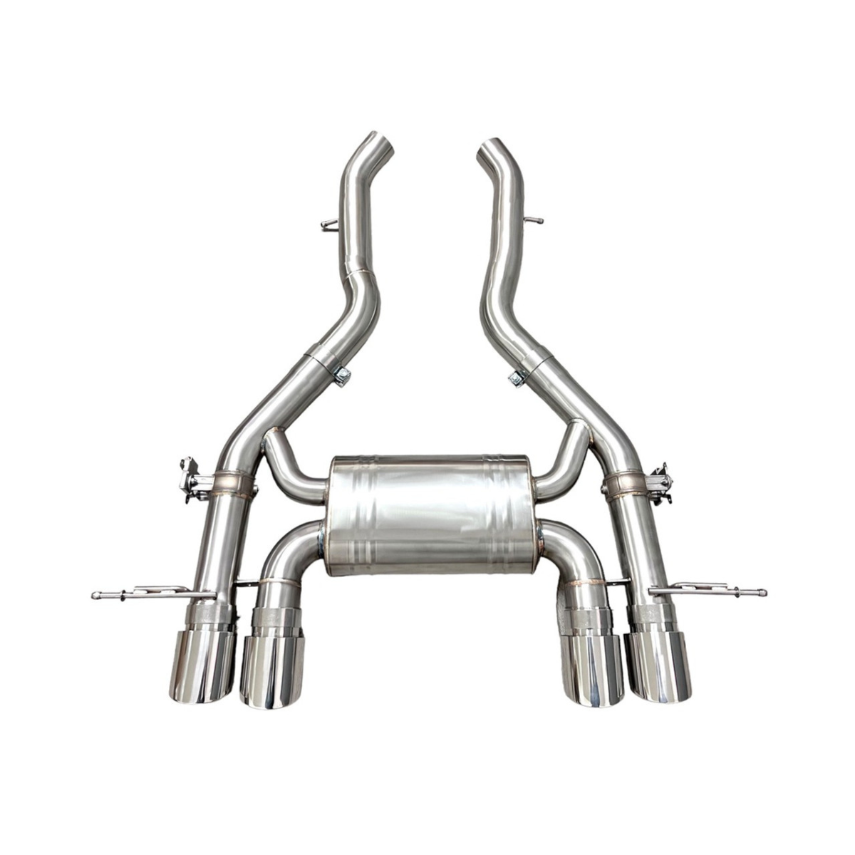 Stainless steel S58 axleback exhaust with four exhaust tips, top view – BMW G87 M2