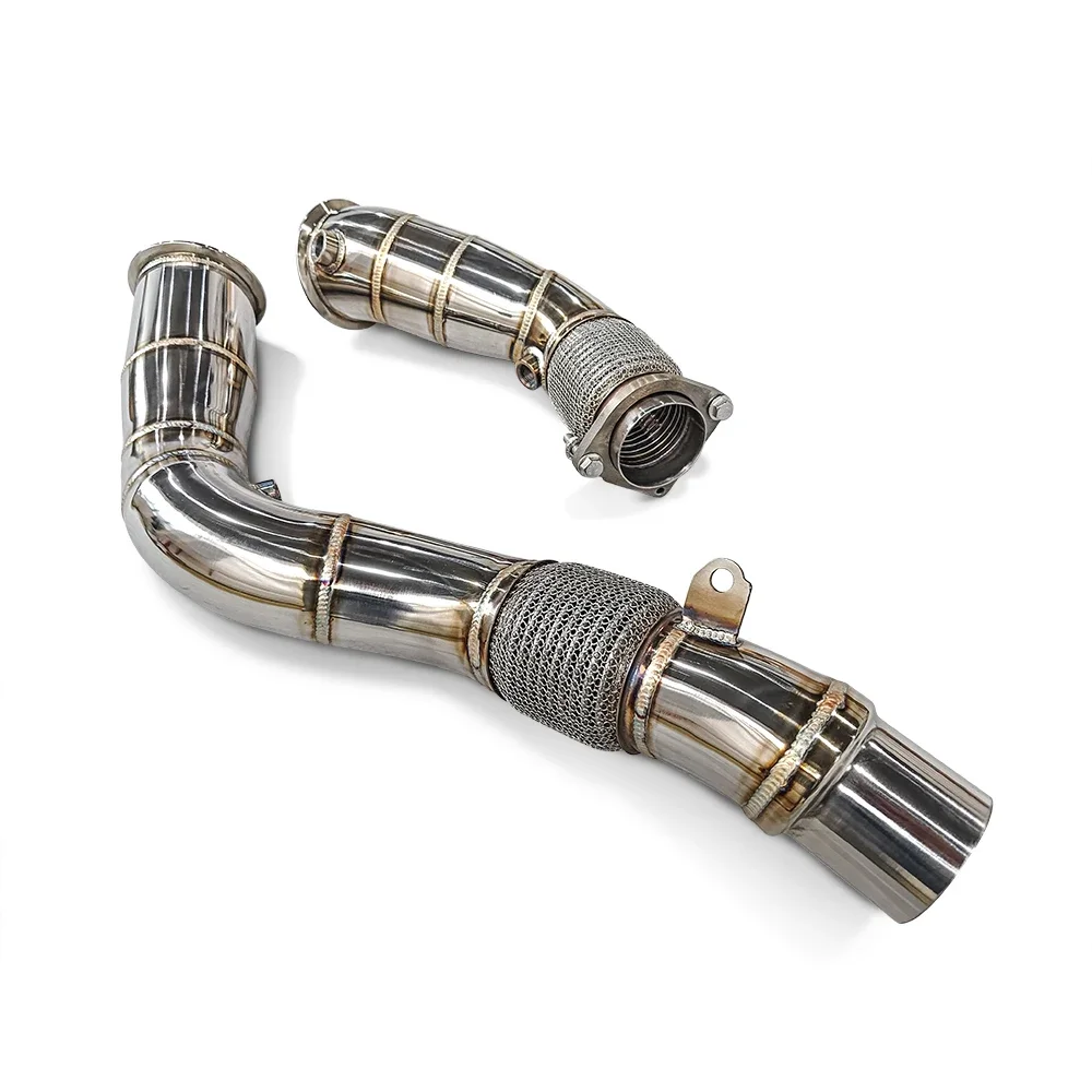 Polished S55 downpipe pair without catalytic converters, with flex sections – BMW F87 M2 Competition