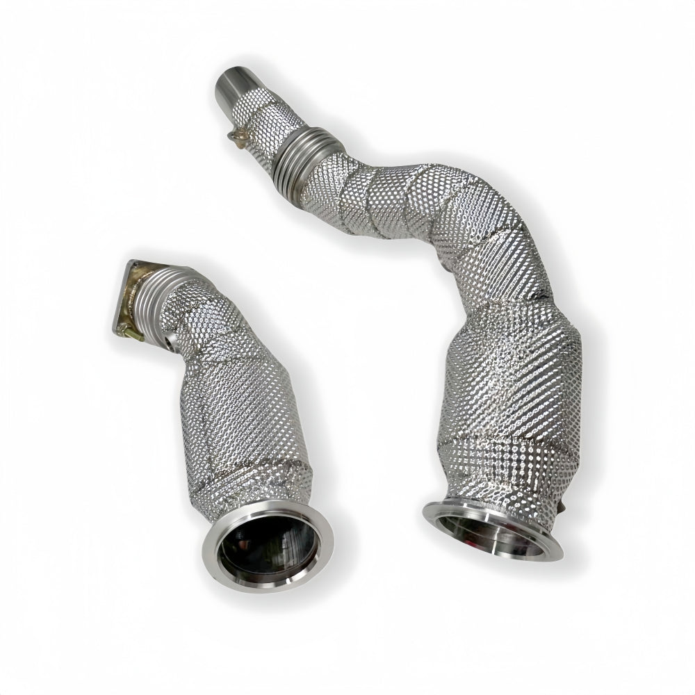 Stainless steel S55 downpipe pair with catalytic converters and heat wrap – BMW F87 M2 Competition
