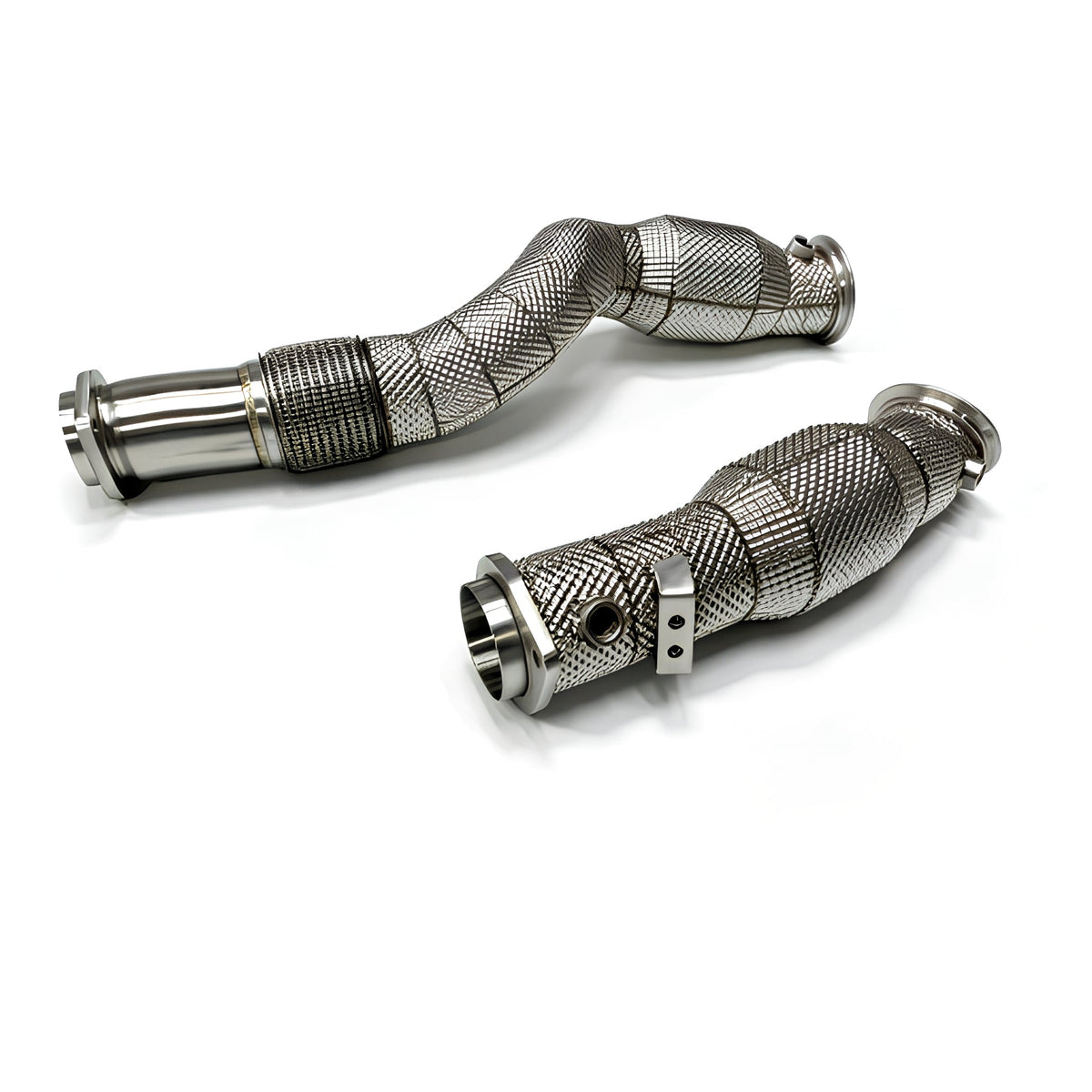 Stainless steel S58 downpipe pair with catalytic converters and heat shield – BMW G87 M2 / G80 M3 / G82 M4