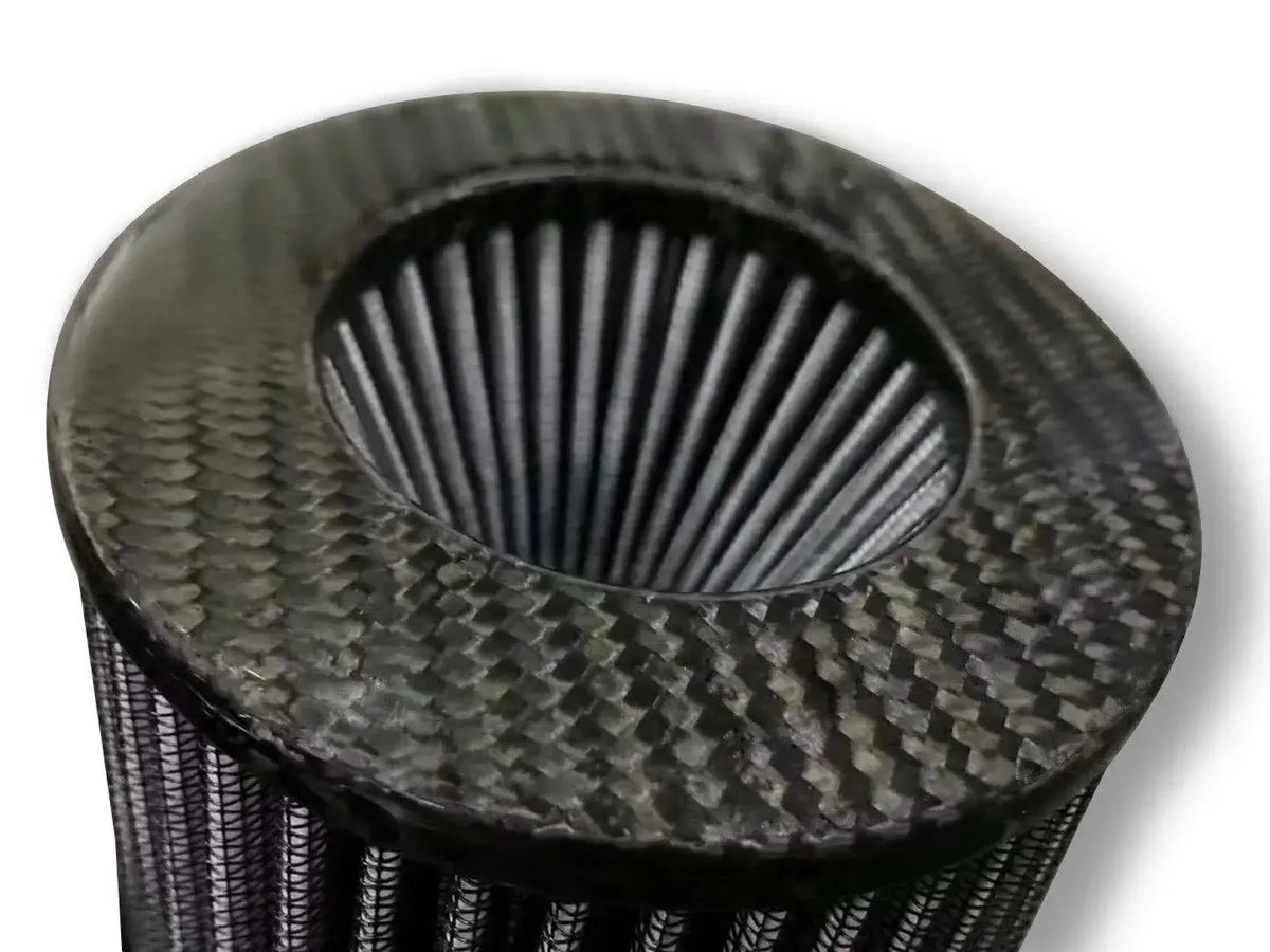 Close-up of cone air filter with carbon cap, B48 intake system – BMW F30 330i / F32 430i